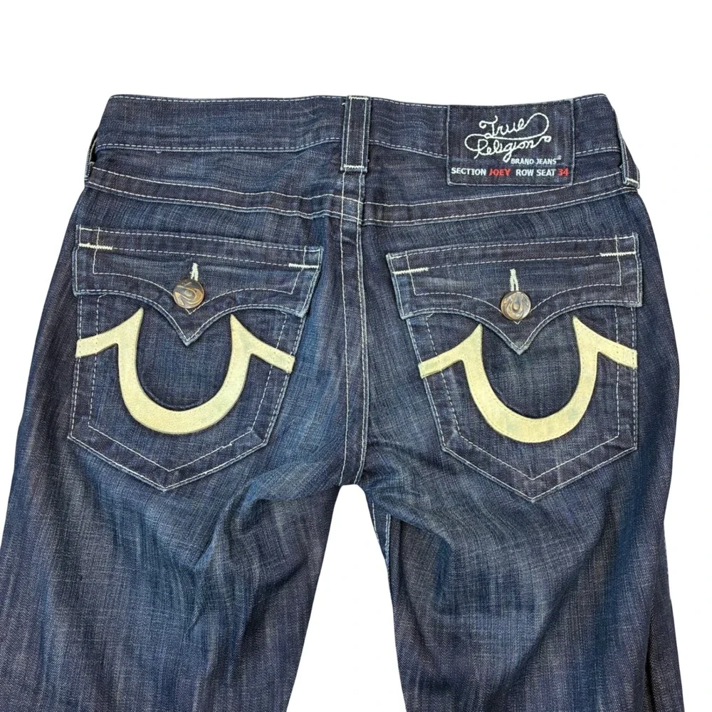 True Religion Joey Jeans Mens 32x30 Dark Wash Flare Twisted Seam Horseshoe Logo